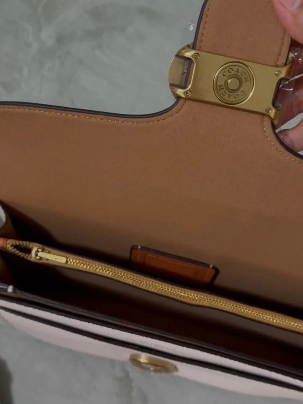 Coach Cream Leather Shoulder Bag with Gold Buckle